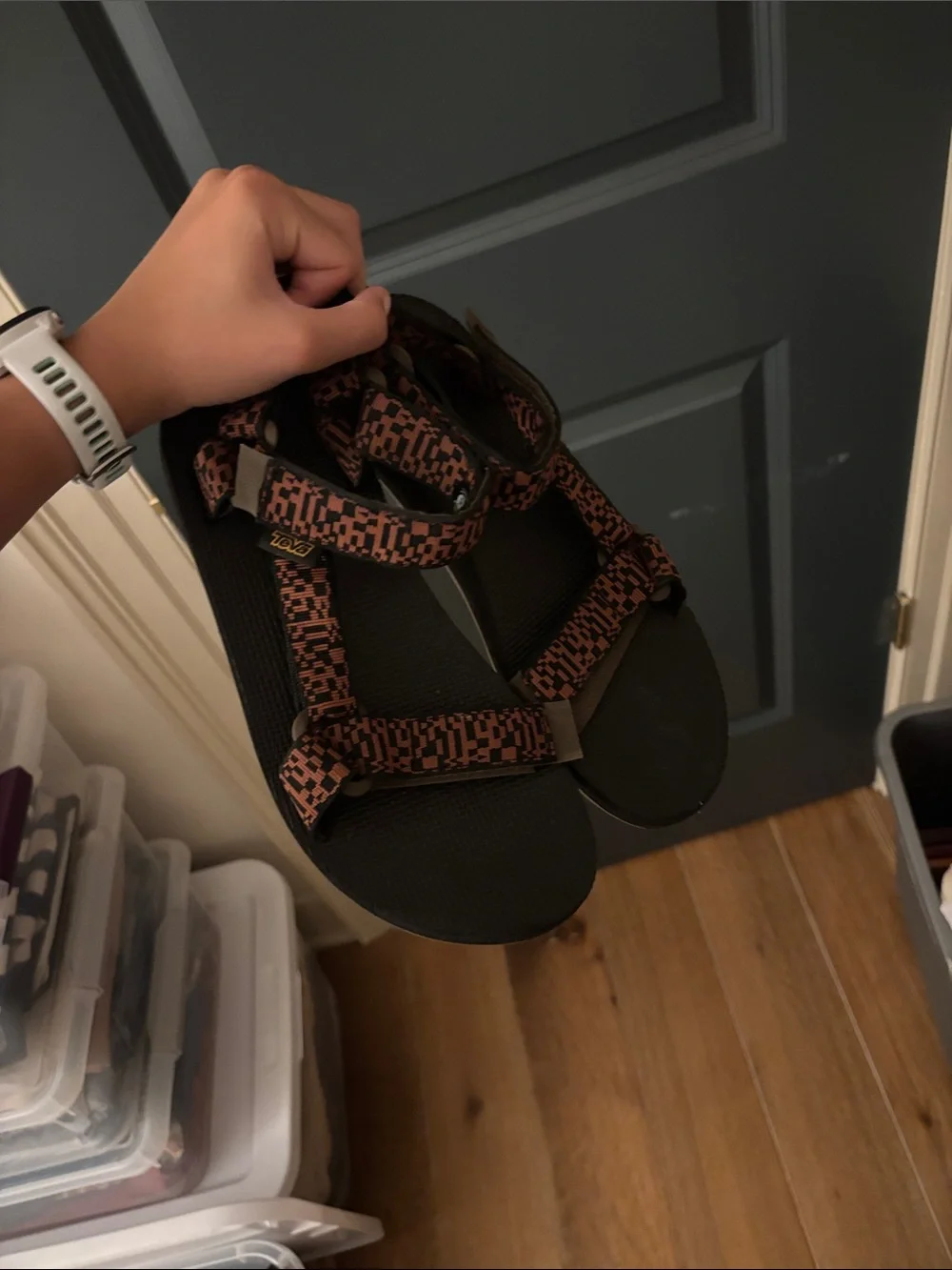 Teva Men's Black Sandals with Brown Patterned Straps